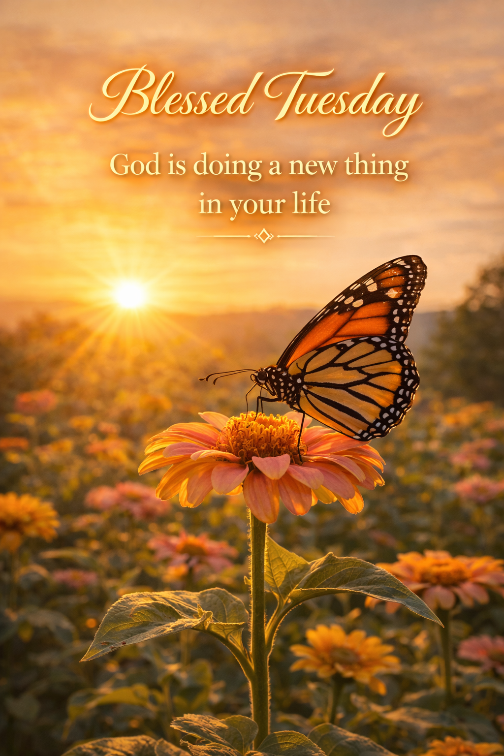 Butterfly landing on blooming flower at golden hour, "Blessed Tuesday — God is doing a new thing in your life" in elegant gold — WhatsApp blessing